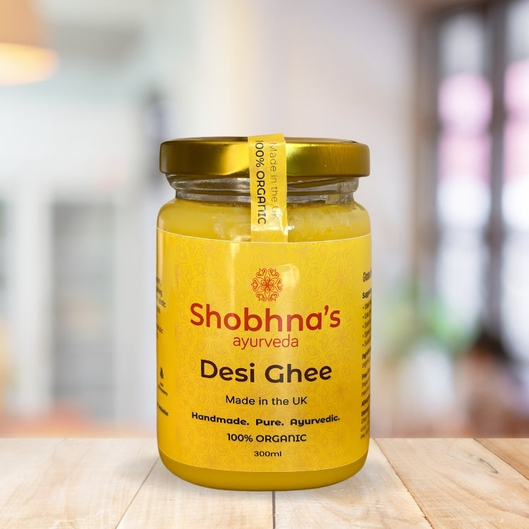 Organic desi ghee made from grass-fed cows, gluten-free and keto-friendly, handcrafted in the UK.
