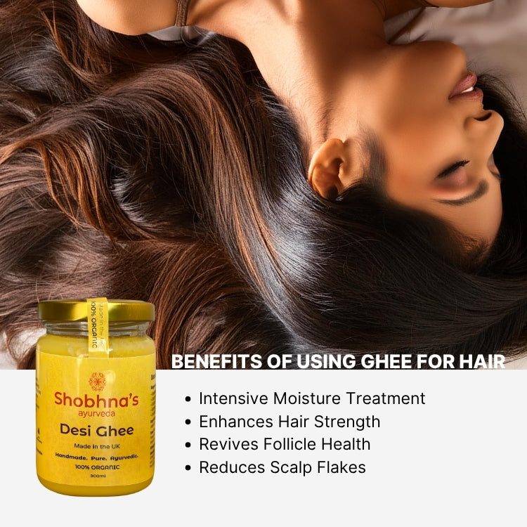 Shobhna's Ayurveda Pure Organic Desi Ghee for healthy hair, promoting nourishment and strength.