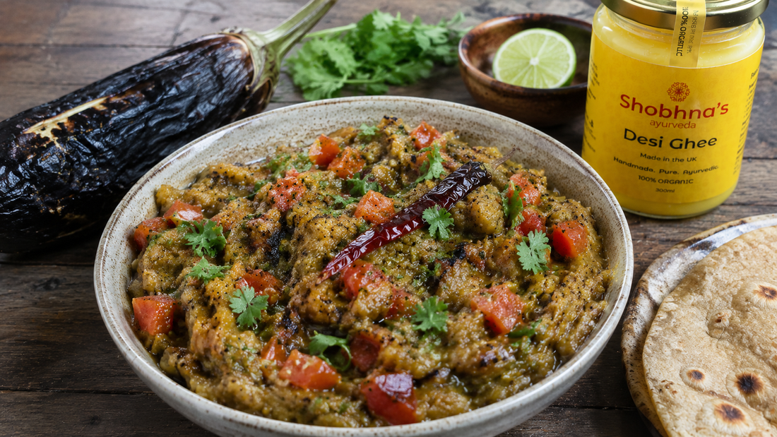 Smoked Spicy Aubergine Bharta with Shobhna’s Organic Desi Ghee