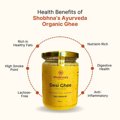 desi ghee made from grass-fed British cows, gluten-free, vegetarian, and perfect for gut health.