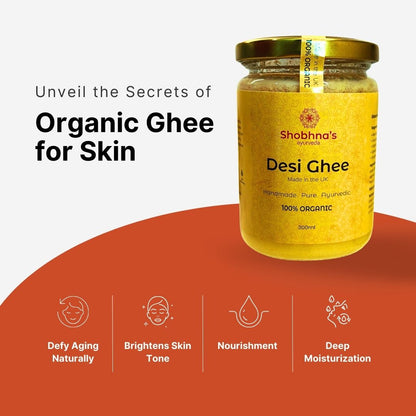 Shobhna’s Ayurveda Pure Organic Desi Ghee gives skin a natural glow while improving overall complexion.