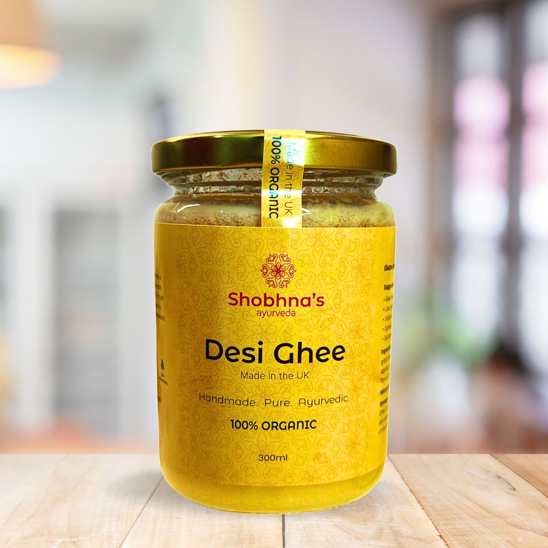 Organic desi ghee made from grass-fed cows, gluten-free and keto-friendly, handcrafted in the UK.