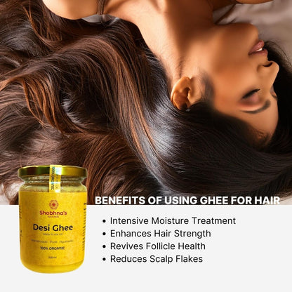 Shobhna's Ayurveda Pure Organic Desi Ghee for healthy hair, promoting nourishment and strength.